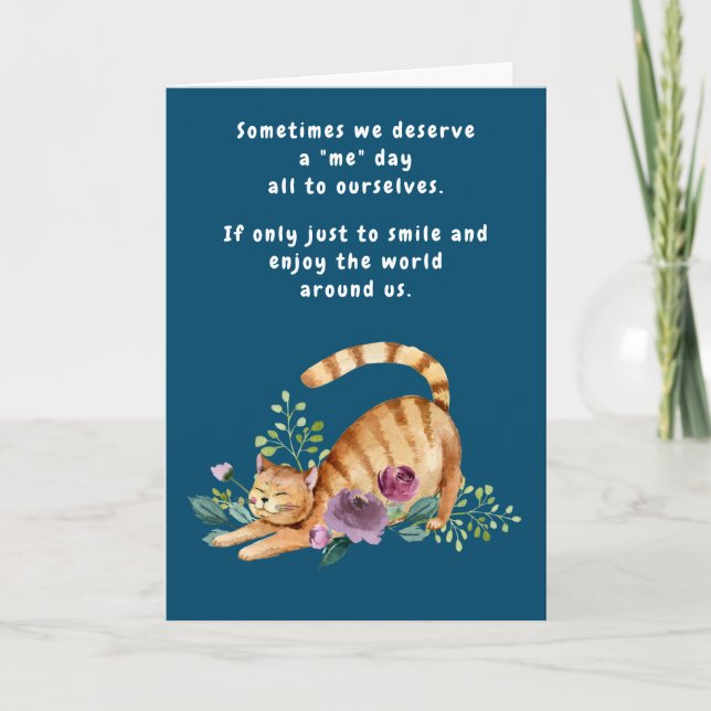 Happy Cat Birthday Hello Thinking of You Flowers Card (Front)