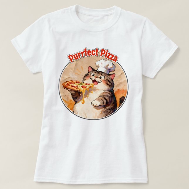 Happy Cat Chef with Pizza T-Shirt (Design Front)