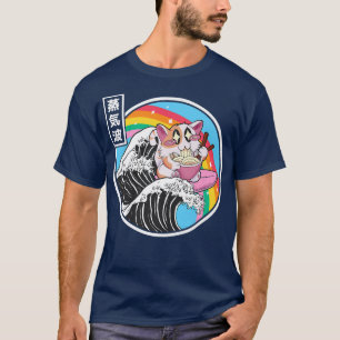 Happy Cat Eating Ramen Rainbow Kanagawa Wave Vapor T-Shirt