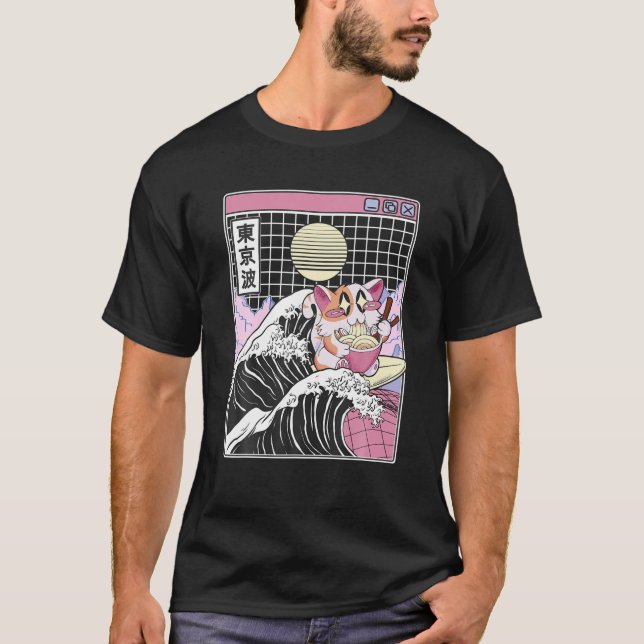 Happy Cat Eating Ramen Surfing Kanagawa Wave Anime T-Shirt (Front)