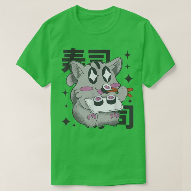 Happy Cat Eating Sushi Japan Style Kawaii Anime Su T-Shirt (Design Front)