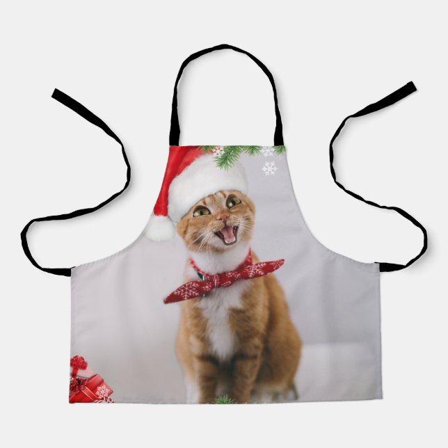 Happy cat in red christmas hat apron (Front)