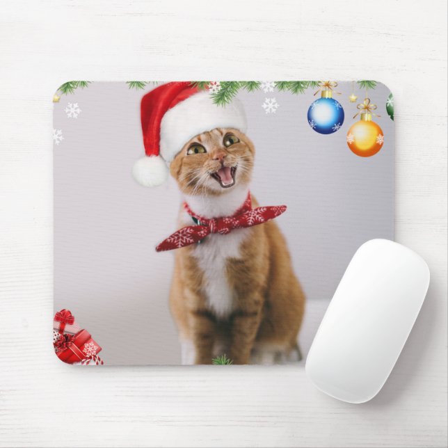 Happy cat in red christmas hat mouse pad (With Mouse)