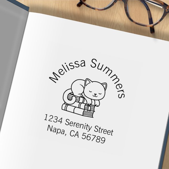 Happy Cat on top of A Book Stack Address Bookplate Rubber Stamp (Creator Uploaded)