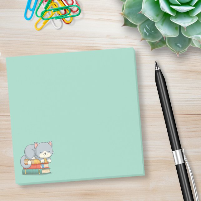 Happy Cat on top of a Book Stack Green Post-it Notes (Creator Uploaded)