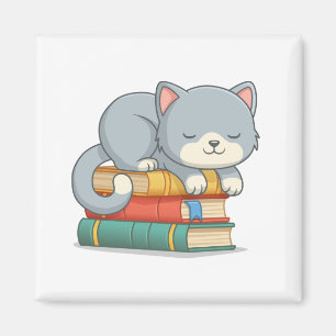 Happy Cat on top of a Book Stack Magnet