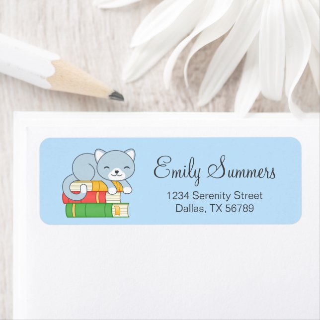 Happy Cat on top of a Book Stack on Blue (Insitu)