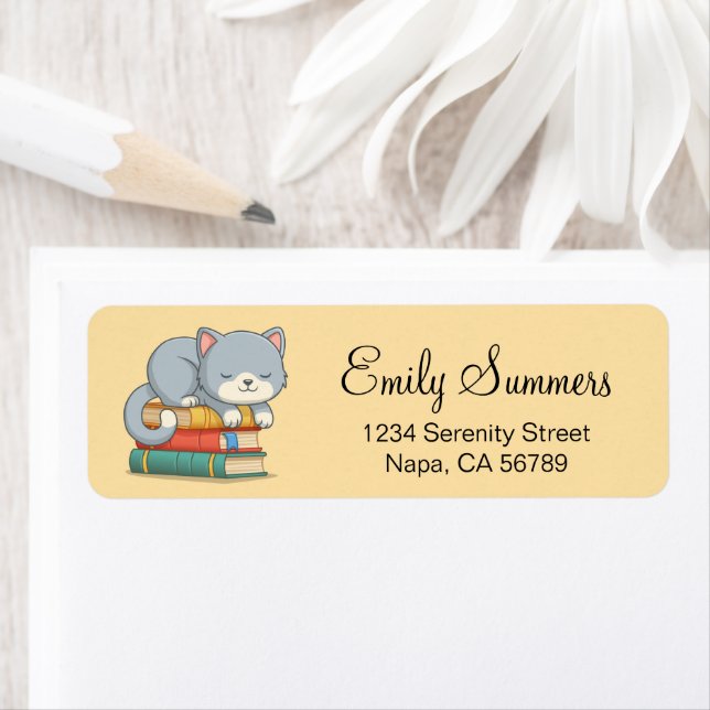 Happy Cat on top of a Book Stack Yellow (Insitu)