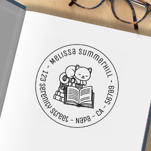 Happy Cat on top of Book Stack Round Address 3 Rubber Stamp
