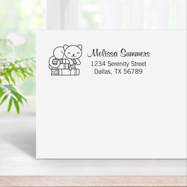Happy Cat on top of Stack of Books Address Rubber Stamp (Creator Uploaded)