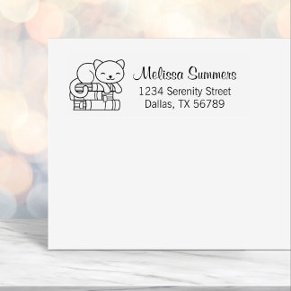 Happy Cat on top of Stack of Books Address Self-inking Stamp