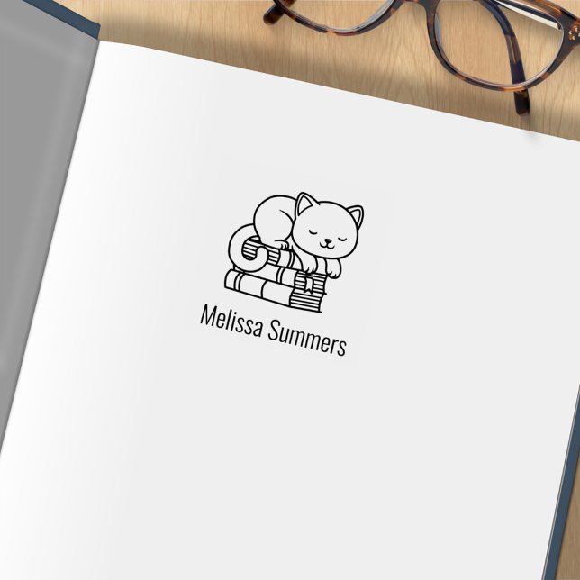 Happy Cat on top of Stack of Books Bookplate 1x1 Rubber Stamp (Creator Uploaded)