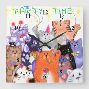 Happy Cat Party Cartoon Drawing - Cute Funny Cats  Square Wall Clock