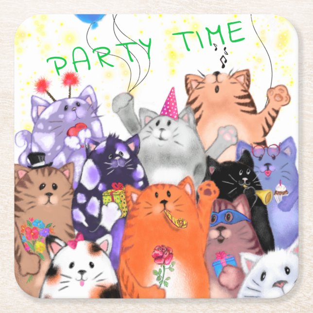 Happy Cat Party Paper Coaster (Front)