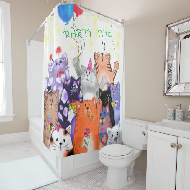 Happy Cat Party Shower Curtain - Funny (In Situ)