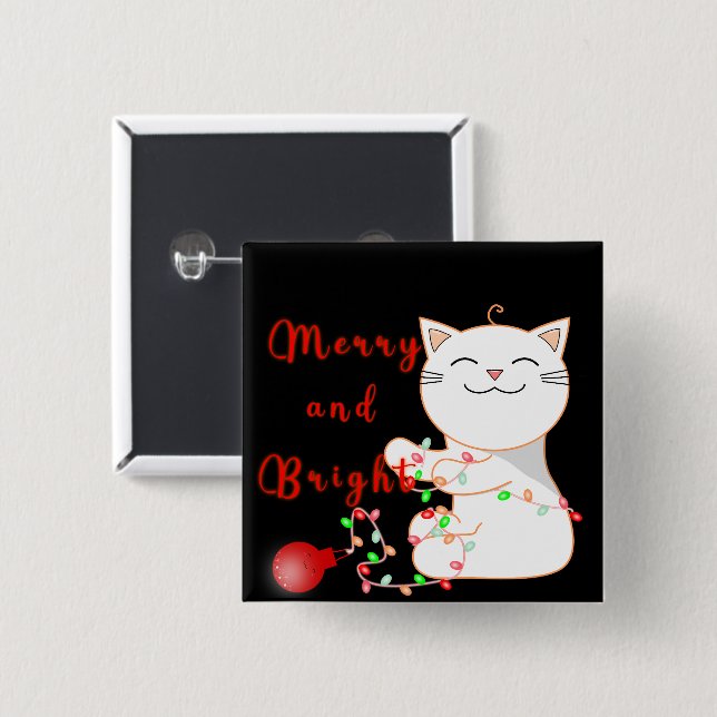Happy Cat Playing With LED Light | Cute Christmas  15 Cm Square Badge (Front & Back)