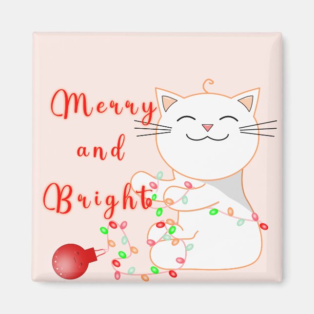 Happy Cat Playing With LED Light | Cute Christmas  Magnet (Front)