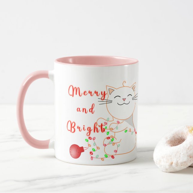 Happy Cat Playing With LED Light | Cute Christmas  Mug (With Donut)