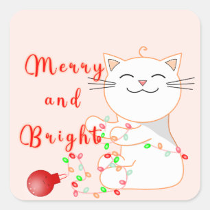 Happy Cat Playing With LED Light Cute Christmas Square Sticker