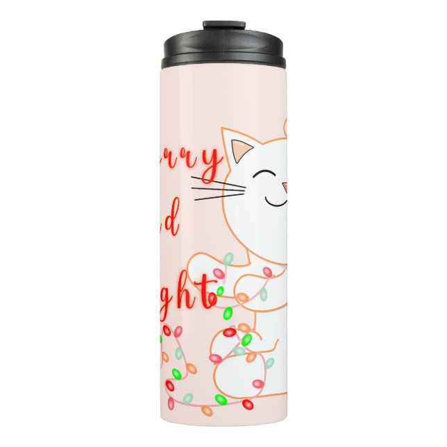 Happy Cat Playing With LED Light | Cute Christmas Thermal Tumbler (Front)