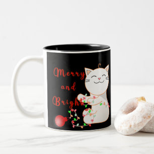 Happy Cat Playing With LED Light Cute Christmas Two-Tone Coffee Mug