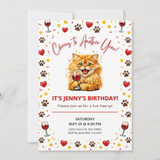 Happy Cat Wine Birthday Cheers to Another Year Invitation