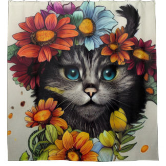 Happy Cat With Blue Eyes Surrounded By Flowers Shower Curtain