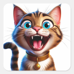 Happy Cat With Collar Cute Pet Cartoon Art 🐱 Square Sticker