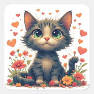 Happy Cat With Flowers Cartoon Fun 🌸 Square Sticker