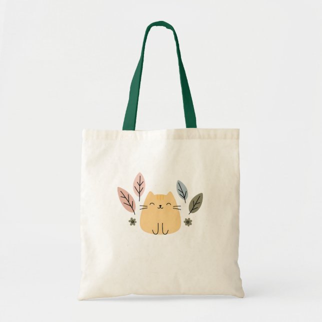 Happy Cat with Pastel Leaves  Tote Bag (Front)