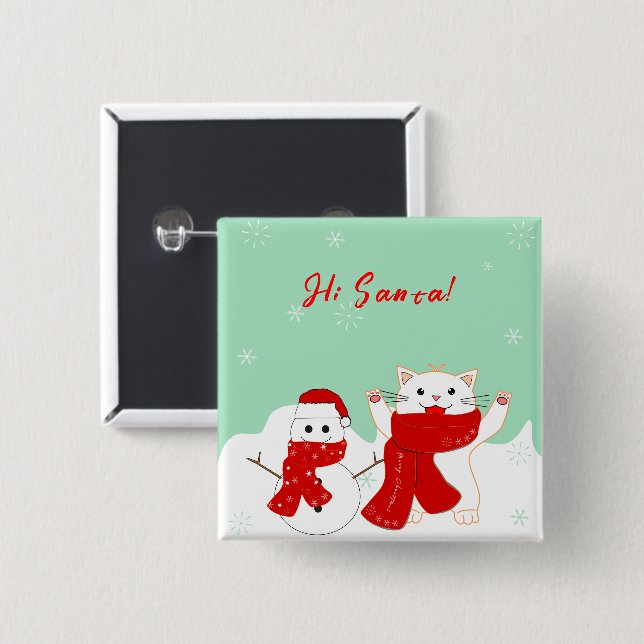 Happy Cat With Snowman | Cute Christmas Button (Front & Back)