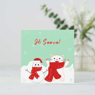 Happy Cat With Snowman   Cute Christmas Flat Card