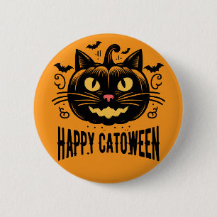 Happy Catoween Black Cat Pumpkin Face Halloween   6 Cm Round Badge