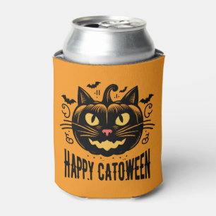 Happy Catoween Black Cat Pumpkin Face Halloween Can Cooler