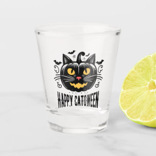 Happy Catoween Black Cat Pumpkin Face Halloween Shot Glass