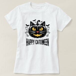 Happy Catoween Black Cat Pumpkin Face Halloween T-Shirt