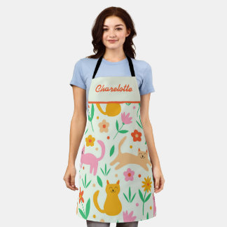 Happy Cats with Orange Red peach flowers name Apron