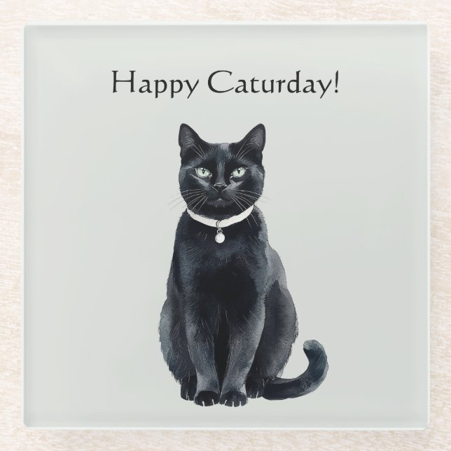 Happy Caturday Black Cat Glass Coaster (Front)