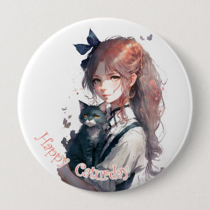Happy Caturday Girl Holding Her Cat Watercolor 10 Cm Round Badge