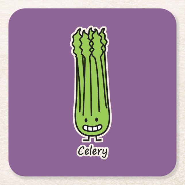Happy Celery Stalk Bunch green fibre vegetable Square Paper Coaster (Front)