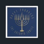 Happy Chanukah Blue Gold Menorah Holiday Napkin<br><div class="desc">These festive paper napkins are perfect for your holiday party. They feature a gold coloured menorah on a navy blue background. The message above it reads "Happy Chanukah". Below the menorah is a place for your family name which you may personalise or remove if you'd like. Designed by artist ©...</div>