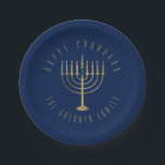 Happy Chanukah Blue Gold Menorah Holiday Paper Plate<br><div class="desc">These festive paper plates are perfect for your holiday party. They feature a gold coloured menorah on a navy blue background. The message above it reads "Happy Hanukkah". Below the menorah is a place for your family name which you may personalise or remove if you'd like. Designed by artist ©...</div>