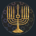 Happy chanukah classic round sticker<br><div class="desc">Illustration of a menorah with Happy Chanukah text</div>