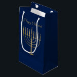 Happy Chanukah Faux Gold Menorah Blue Holiday Small Gift Bag<br><div class="desc">Wrap your gifts in style this holiday season with our elegant Chanukah gift bags. This simple but chic design features a navy blue background with a large faux gold menorah in the centre. Above it reads "Happy Chanukah". Designed by artists  © Tim Coffey and Susan Coffey.</div>