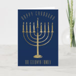 Happy Chanukah Gold Menorah Blue Holiday Card<br><div class="desc">Send your loved ones a personalised card this Chanukah season. This design features a gold coloured menorah on a navy blue background. Above it the message reads "Happy Chanukah". Below the menorah is a place for your family name which you may personalise or remove if you'd like. Inside of the...</div>