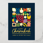 Happy Chanukah / Hanukkah Jewish Greeting<br><div class="desc">Happy Chanukah / Hanukkah Modern Geometric Holiday Greetings in Real Gold Foil on Dark Navy. Menorah, Dreidel, Donuts, Stars & Olive oil... They are all here. Jewish Hanukkah Symbols Space to add your personalized text on the front & reverse. Hebrew on the reverse says, "Chanukah Sameach" — Happy Hanukkah. This...</div>