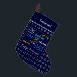 HAPPY CHANUKAH Hebrew Love Joy Peace DARK BLUE<br><div class="desc">Dark blue HAPPY CHANUKAH stocking with silver coloured Star of David pattern and LOVE JOY PEACE written in English and Hebrew. The placeholder greeting and name are customisable so you can add your name or change the greeting. Same design on the reverse. Ideal way to present your small Hanukkah gifts....</div>