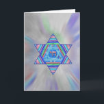 Happy Chanukah Holiday Greeting Card<br><div class="desc">A digital collage Star of David of pretty pastel stripes,  a Chai symbol at the centre,  on a pale starburst background.   Inside greeting,  "Happy Chanukah!" is a personalizable template.</div>