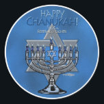Happy Chanukah - Menora & Star of David Classic Round Sticker<br><div class="desc">The lighting of the candelabra, known as the Hanukiyah or the Menorah, is one of the traditions and practices surrounding the celebration of Hanukkah. Jewish symbols celebrate the Hanukkah season in this design, with the words "Happy Chanukah" - "Festival of Lights". The blue Star of David refers to the the...</div>