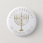 Happy Chanukah Menorah Holiday 6 Cm Round Badge<br><div class="desc">This button features a gold coloured menorah and the message above reads "Happy Chanukah". Below the menorah is a place for your family name which you may personalise or remove if you'd like.</div>